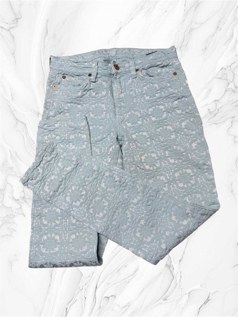 7 For All Mankind Womens texture Floral Print Skinny Jeans light blue Sz 27